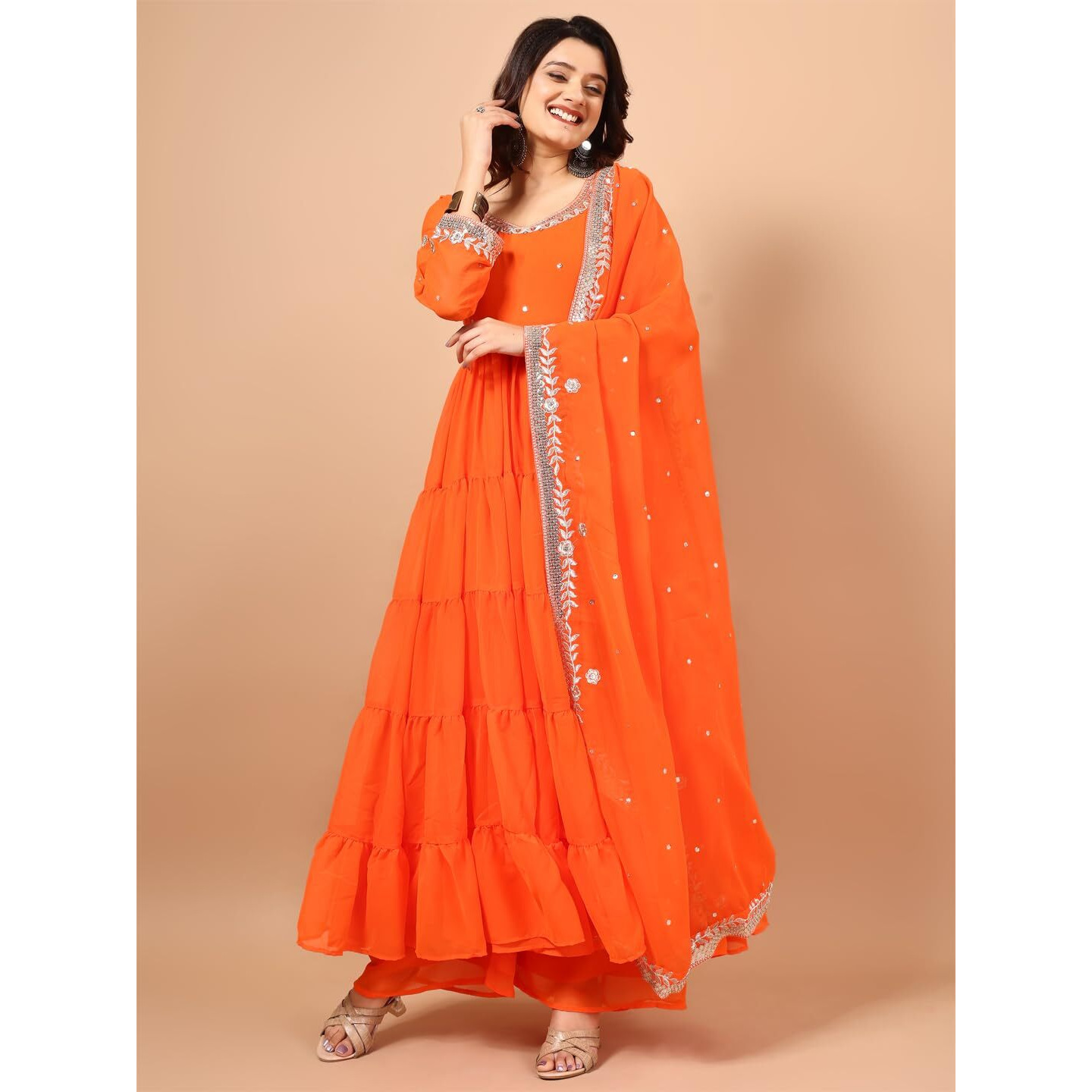 Wedani Georgette Embroidedred Anarkali Dress for Women (in, Alpha, M, Regular, Orange)