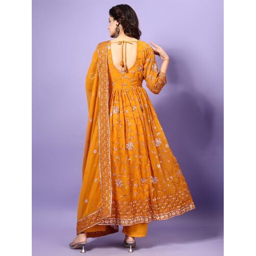 Wedani Georgette Embroidered Sequins Anarkali Suit for Women (in, Alpha, L, Regular, Yellow)