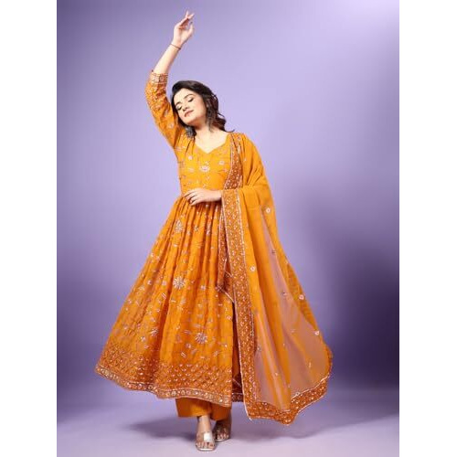 Wedani Georgette Embroidered Sequins Anarkali Suit for Women (in, Alpha, L, Regular, Yellow)