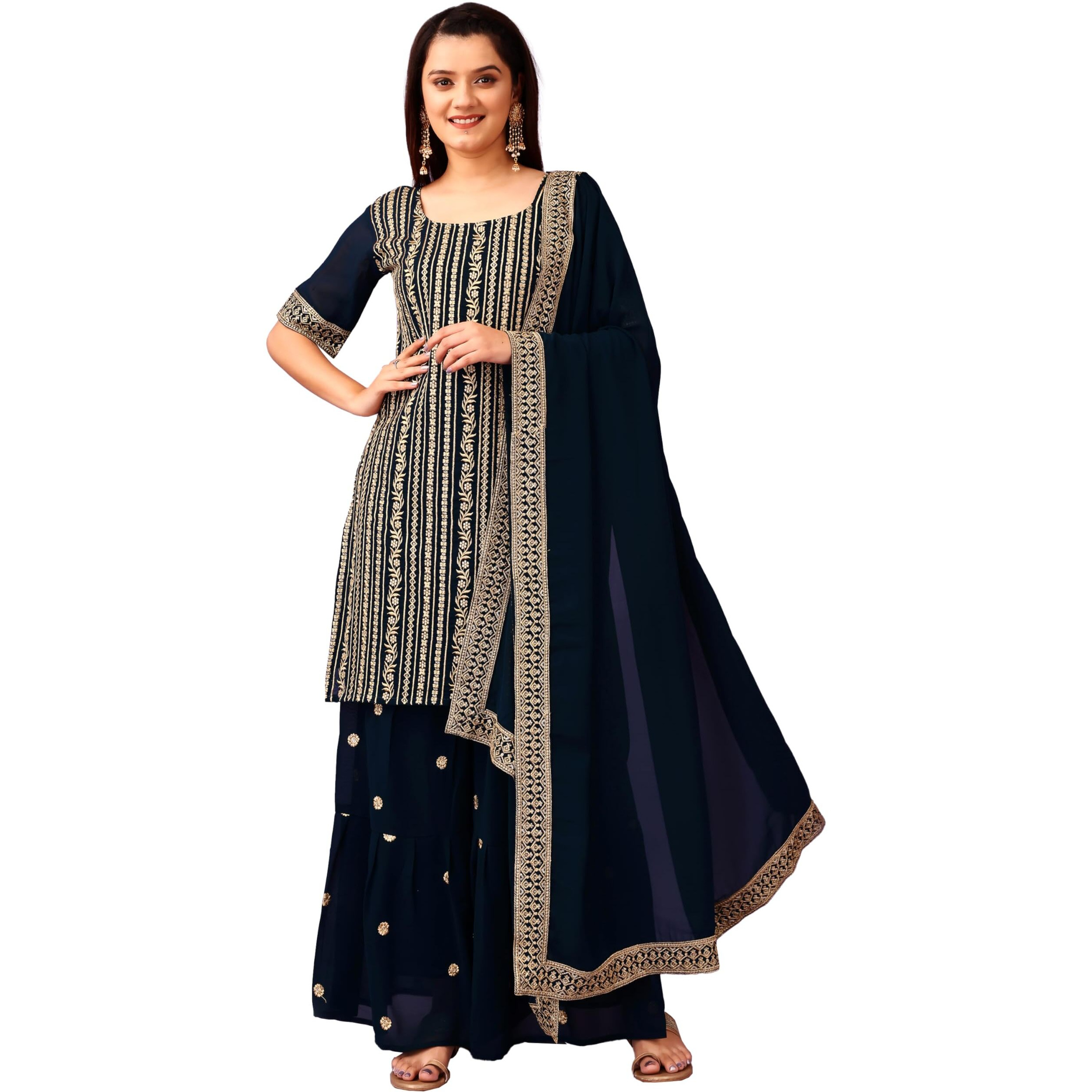 Wedani Georgette Embroidered Sequins Kurta Set with Suptta (in, Alpha, 2XL, Regular, Turquoise)