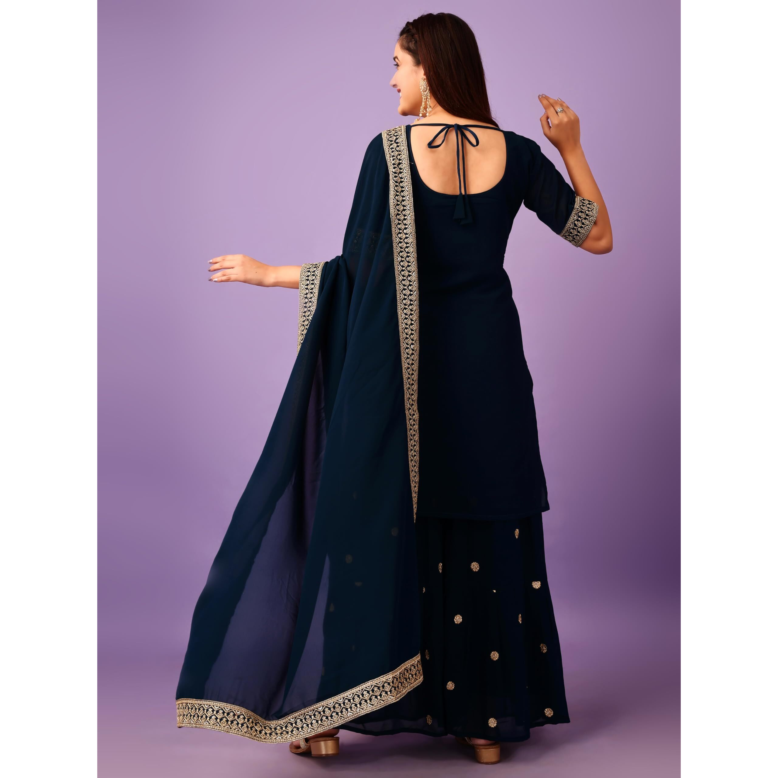 Wedani Georgette Embroidered Sequins Kurta Set with Suptta (in, Alpha, 2XL, Regular, Turquoise)