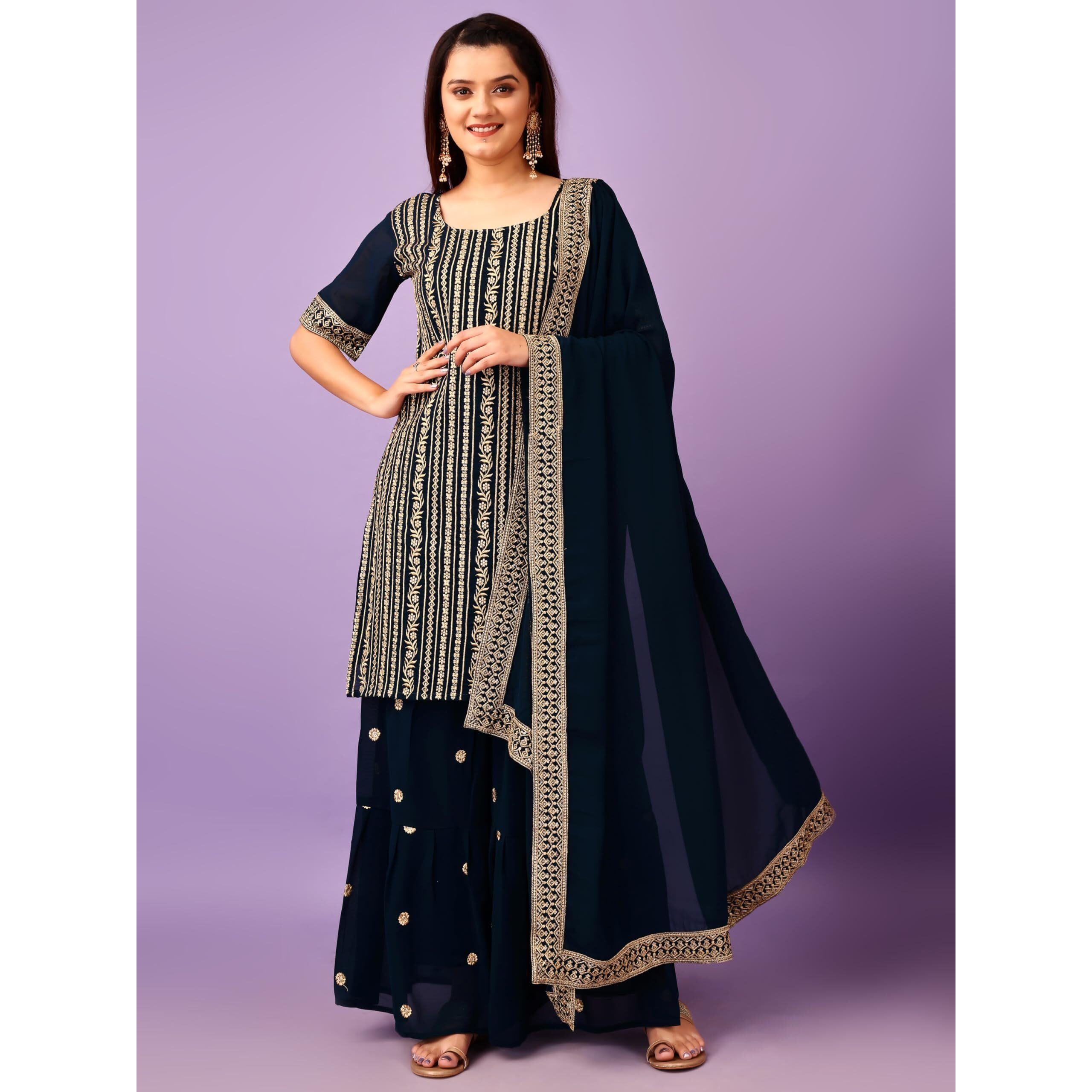 Wedani Georgette Embroidered Sequins Kurta Set with Suptta (in, Alpha, 2XL, Regular, Turquoise)
