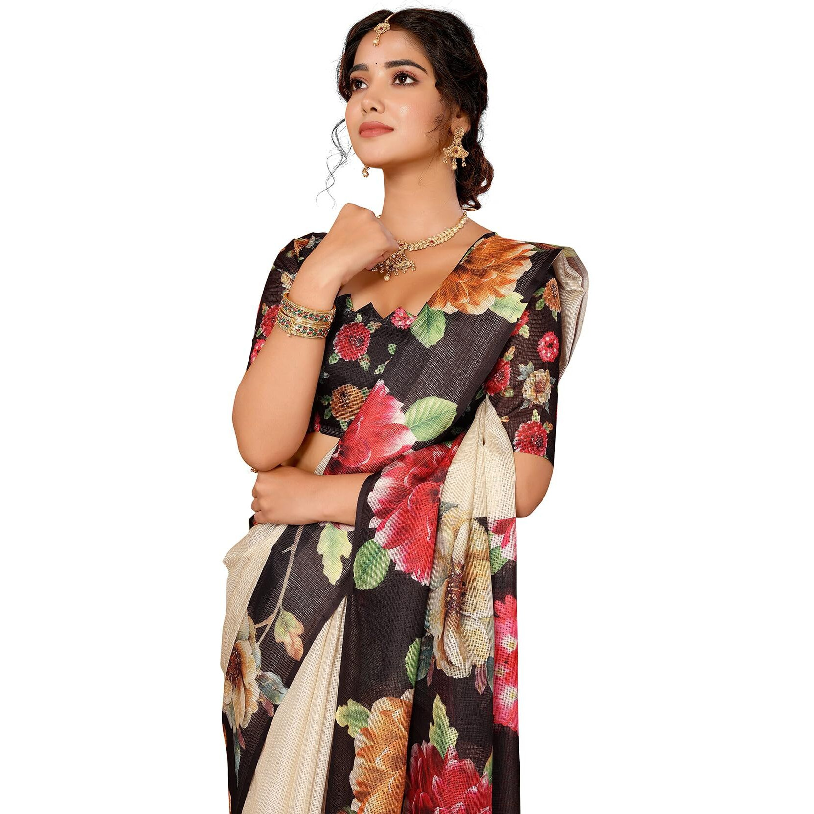Yashika Digital Print Cotton Silk Kota Checks with Tassels Unstitched Blouse Material Printed Stylish Saree for Women (AZ-YS-P3-KIRTI-Parent_Black)