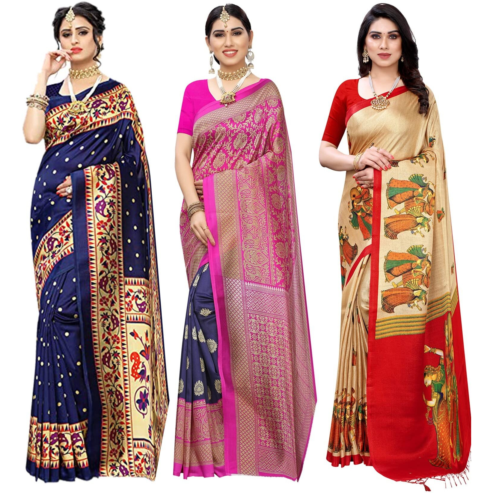 Yashika Women's Combo Art Silk Saree with Blouse Piece-Pack of 3(MATWALI Metro Navy-RAJARANI CHICKU) Multicolor-09