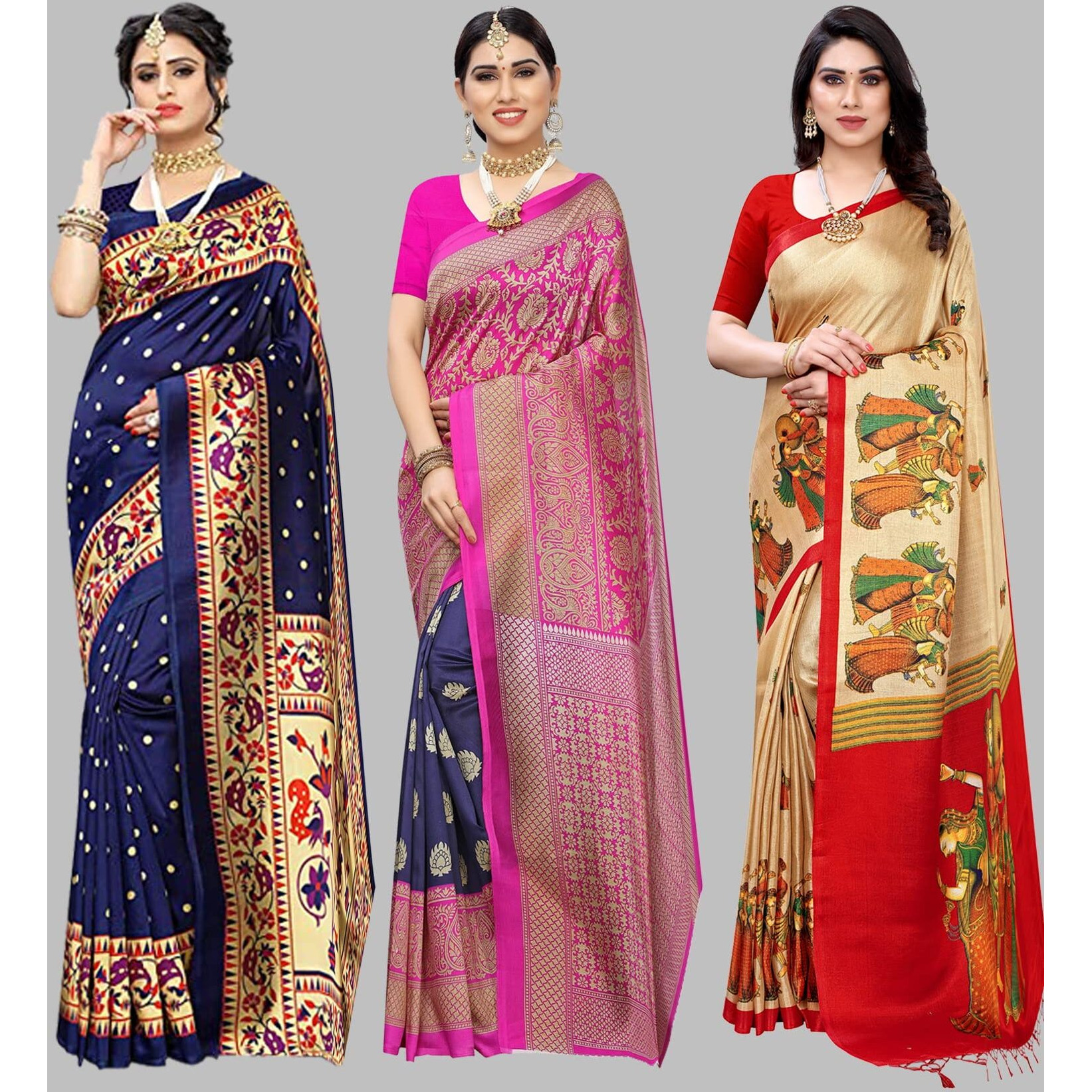 Yashika Women's Combo Art Silk Saree with Blouse Piece-Pack of 3(MATWALI Metro Navy-RAJARANI CHICKU) Multicolor-09