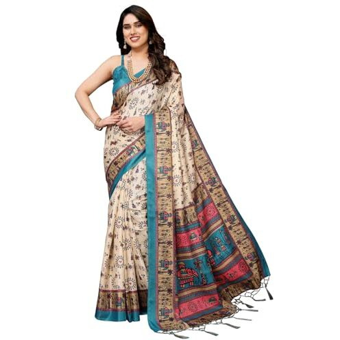 Yashika Women's Printed Kalamkari Art Silk Saree With Tassels and Unstitched Blouse Material (AZ-YS-P1-SOORVI CHIKU RAMA JHALAR)
