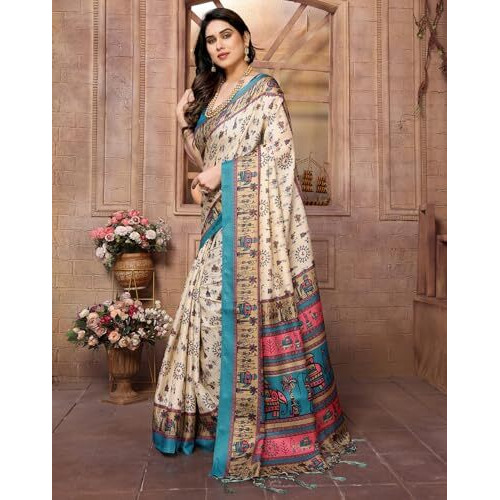 Yashika Women's Printed Kalamkari Art Silk Saree With Tassels and Unstitched Blouse Material (AZ-YS-P1-SOORVI CHIKU RAMA JHALAR)