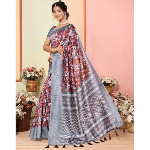 Yashika Women's Art Silk Printed with Tassels Unstitched Blouse Material Stylish Party Casual Wear Traditional Trendy Saree (AZ-YS-P1-MIRZA-Parent_Maroon)