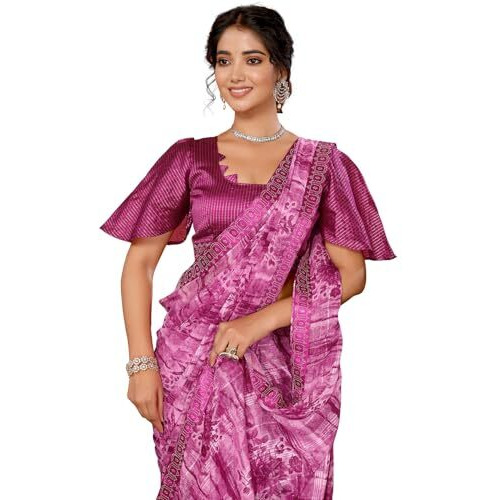 Yashika Women's Weightless Georgette Satin Printed Hot Fix Swarovski Lace with Tassels Unstitched Blouse Material Saree (AZ-YS-P3-REHANA-Parent_Purple)