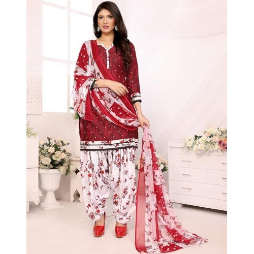 Yashika Women's Crepe Dress Material Set for Women | Unstitched Printed Fabric for Kurta Bottom & Dupatta (YS-ABHILASHA RED-KUNDAN PURPLE)