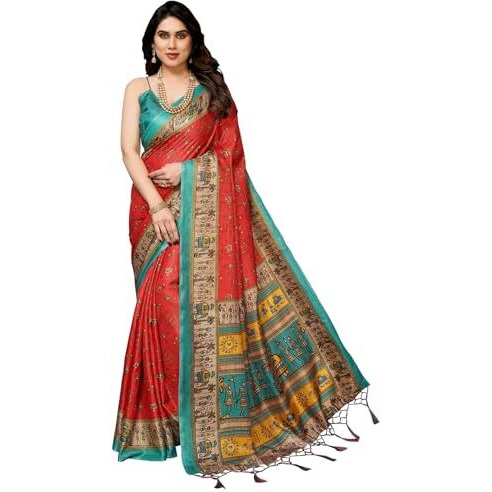 Yashika Women's Printed Kalamkari Art Silk Saree With Tassels and Unstitched Blouse Material (AZ-YS-P1-SOORVI RED JHALAR)