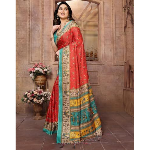Yashika Women's Printed Kalamkari Art Silk Saree With Tassels and Unstitched Blouse Material (AZ-YS-P1-SOORVI RED JHALAR)