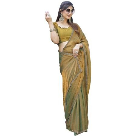 Yashika Women's Soft Zimmy Choo Fandy Silk Saree With Lace Border & Unstitched Blouse Piece |Bollywood Sari (AZ-YS-P2-DHAMAKA GOLD)