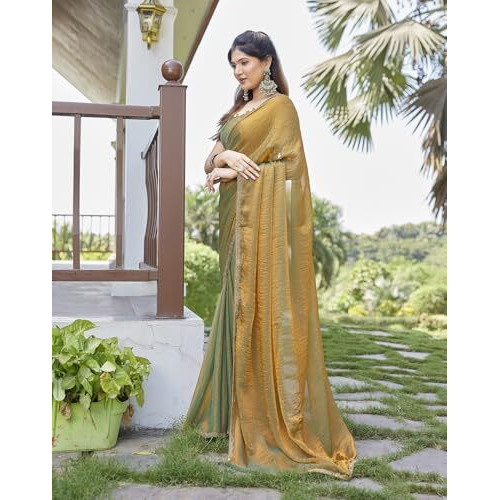 Yashika Women's Soft Zimmy Choo Fandy Silk Saree With Lace Border & Unstitched Blouse Piece |Bollywood Sari (AZ-YS-P2-DHAMAKA GOLD)