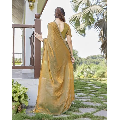 Yashika Women's Soft Zimmy Choo Fandy Silk Saree With Lace Border & Unstitched Blouse Piece |Bollywood Sari (AZ-YS-P2-DHAMAKA GOLD)