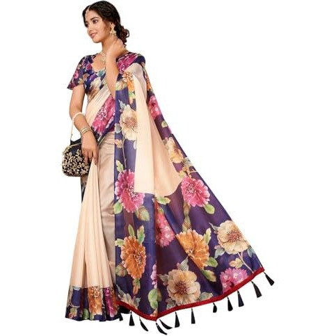 Yashika Digital Print Cotton Silk Kota Checks with Tassels Unstitched Blouse Material Printed Stylish Saree for Women (AZ-YS-P2-KIRTI-Parent_Navy)