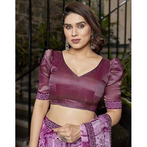 Yashika Women's Saree Weightless Georgette Saree Satin Printed Saree Hot Fix Swarovski Lace Saree Saree with Tassels Unstitched Blouse Material Saree (AZ-YS-NEW-P1-REHANA PURPLE)