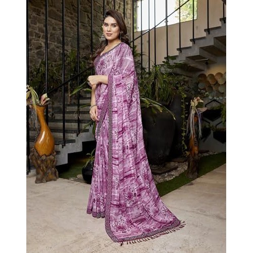 Yashika Women's Saree Weightless Georgette Saree Satin Printed Saree Hot Fix Swarovski Lace Saree Saree with Tassels Unstitched Blouse Material Saree (AZ-YS-NEW-P1-REHANA PURPLE)
