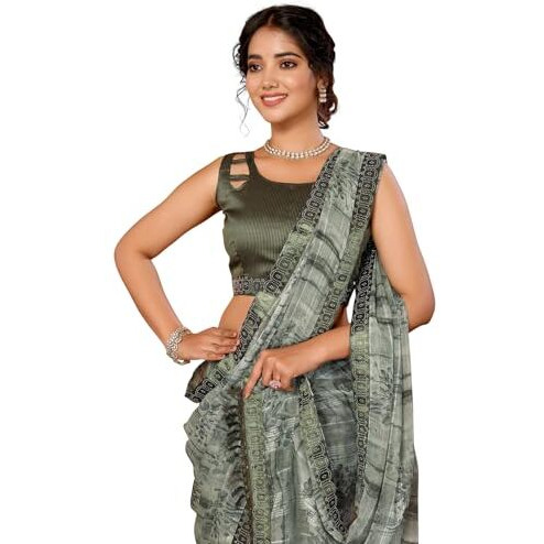 Yashika Women's Weightless Georgette Satin Printed Hot Fix Swarovski Lace with Tassels Unstitched Blouse Material Saree (AZ-YS-P3-REHANA-Parent_Mahendi)