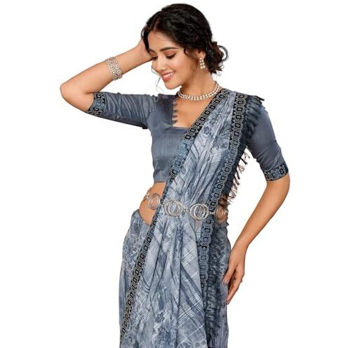 Yashika Women's Weightless Georgette Satin Printed Hot Fix Swarovski Lace with Tassels Unstitched Blouse Material Saree (AZ-YS-P3-REHANA-Parent_Grey)