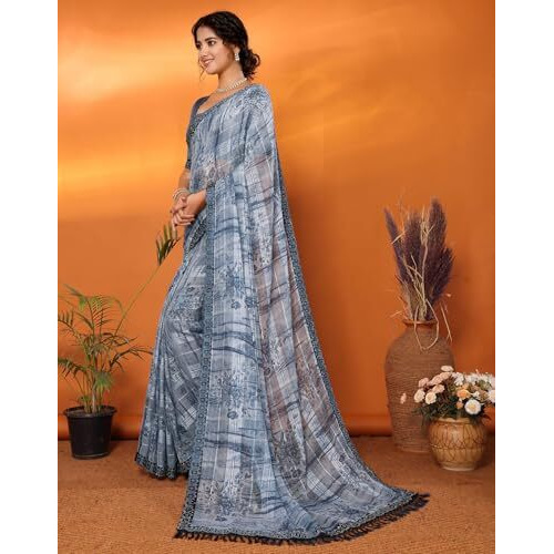Yashika Women's Weightless Georgette Satin Printed Hot Fix Swarovski Lace with Tassels Unstitched Blouse Material Saree (AZ-YS-P3-REHANA-Parent_Grey)