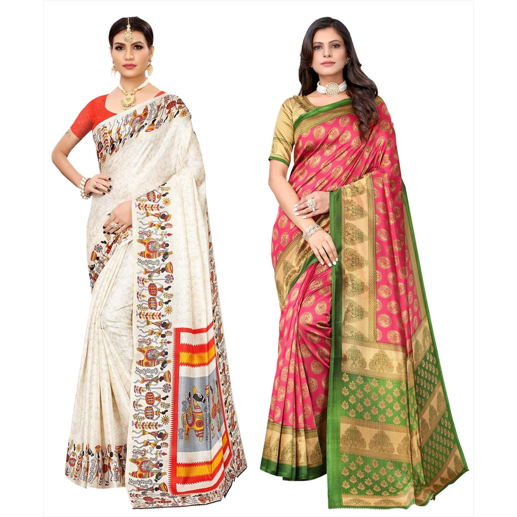 Yashika Women's Combo Art Silk Printed Saree With Blouse Piece Pack Of 2(VIVO ORANGE-ALIFA PINK)