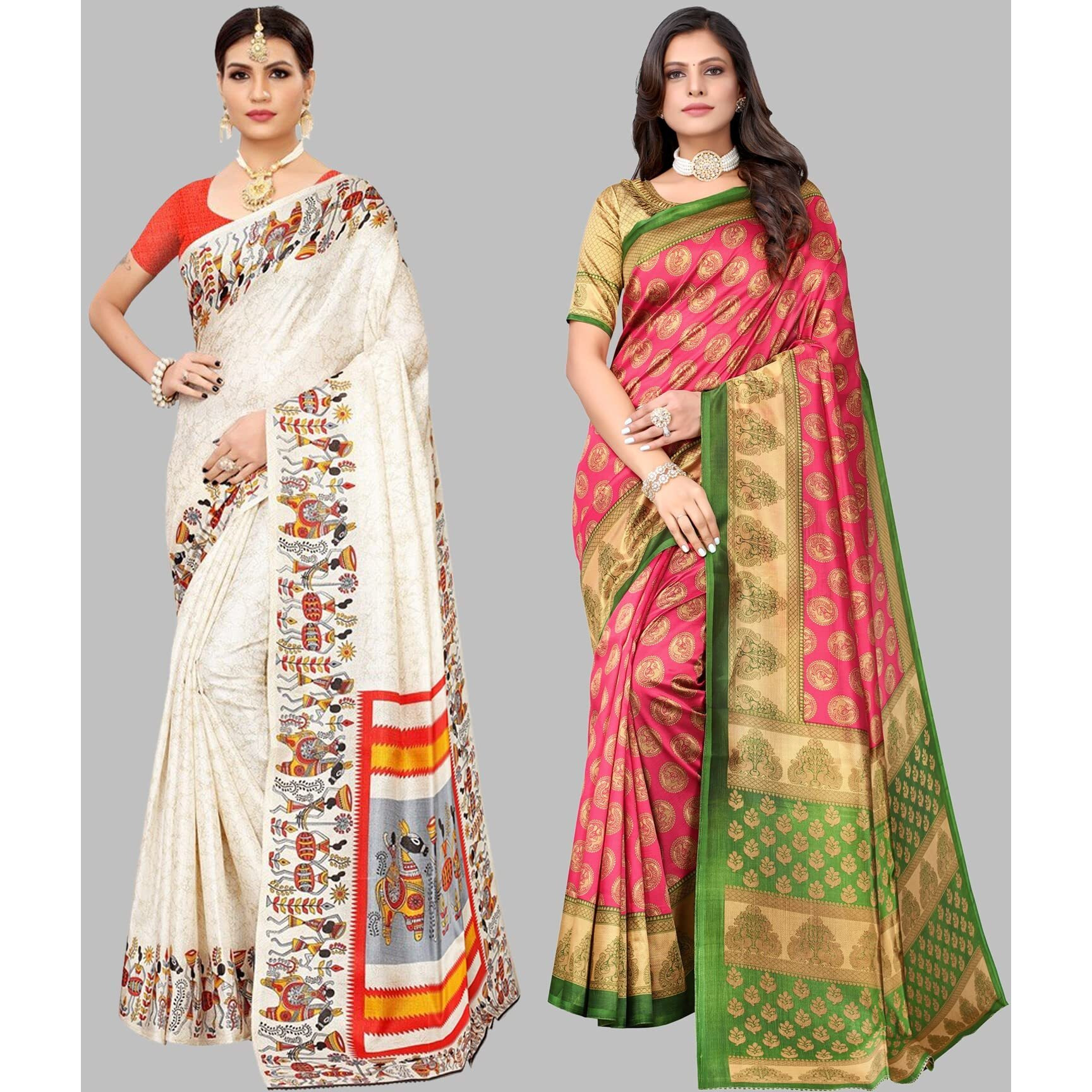 Yashika Women's Combo Art Silk Printed Saree With Blouse Piece Pack Of 2(VIVO ORANGE-ALIFA PINK)