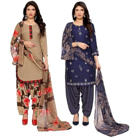 Yashika Women's Crepe Dress Material Set for Women | Unstitched Printed Fabric for Kurta Bottom & Dupatta (YS-ADMIRING CHIKU-KUNDAN NAVY)