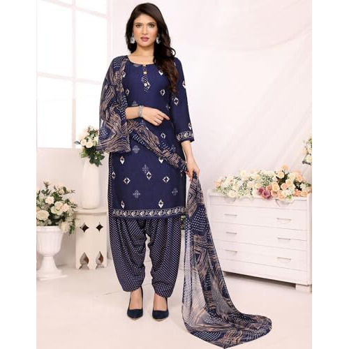 Yashika Women's Crepe Dress Material Set for Women | Unstitched Printed Fabric for Kurta Bottom & Dupatta (YS-ADMIRING CHIKU-KUNDAN NAVY)