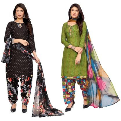 Yashika Women's Crepe Dress Material Set for Women | Unstitched Printed Fabric for Kurta Bottom & Dupatta (YS-BLACK FLOWER-SOBHNA MEHENDI)