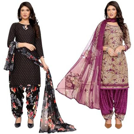 Yashika Women's Crepe Dress Material Set for Women | Unstitched Printed Fabric for Kurta Bottom & Dupatta (YS-BLACK FLOWER-ADDA WINE)