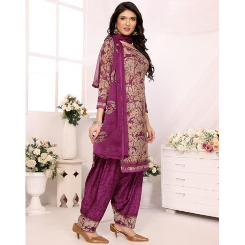 Yashika Women's Crepe Dress Material Set for Women | Unstitched Printed Fabric for Kurta Bottom & Dupatta (YS-BLACK FLOWER-ADDA WINE)