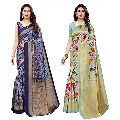 Yashika Women's Combo Art Silk Printed Saree With Blouse Piece Pack Of 2(SWATI NAVY-AIR LIGHT GREEN)