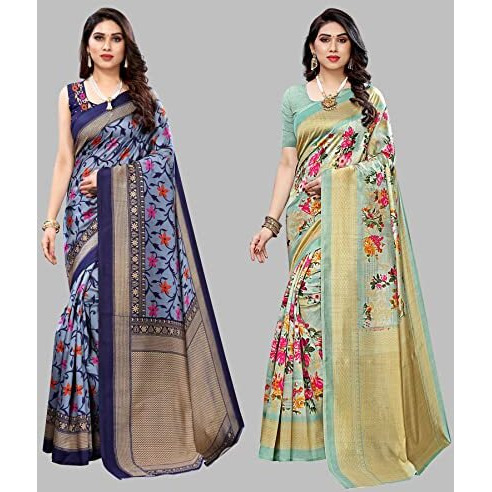 Yashika Women's Combo Art Silk Printed Saree With Blouse Piece Pack Of 2(SWATI NAVY-AIR LIGHT GREEN)