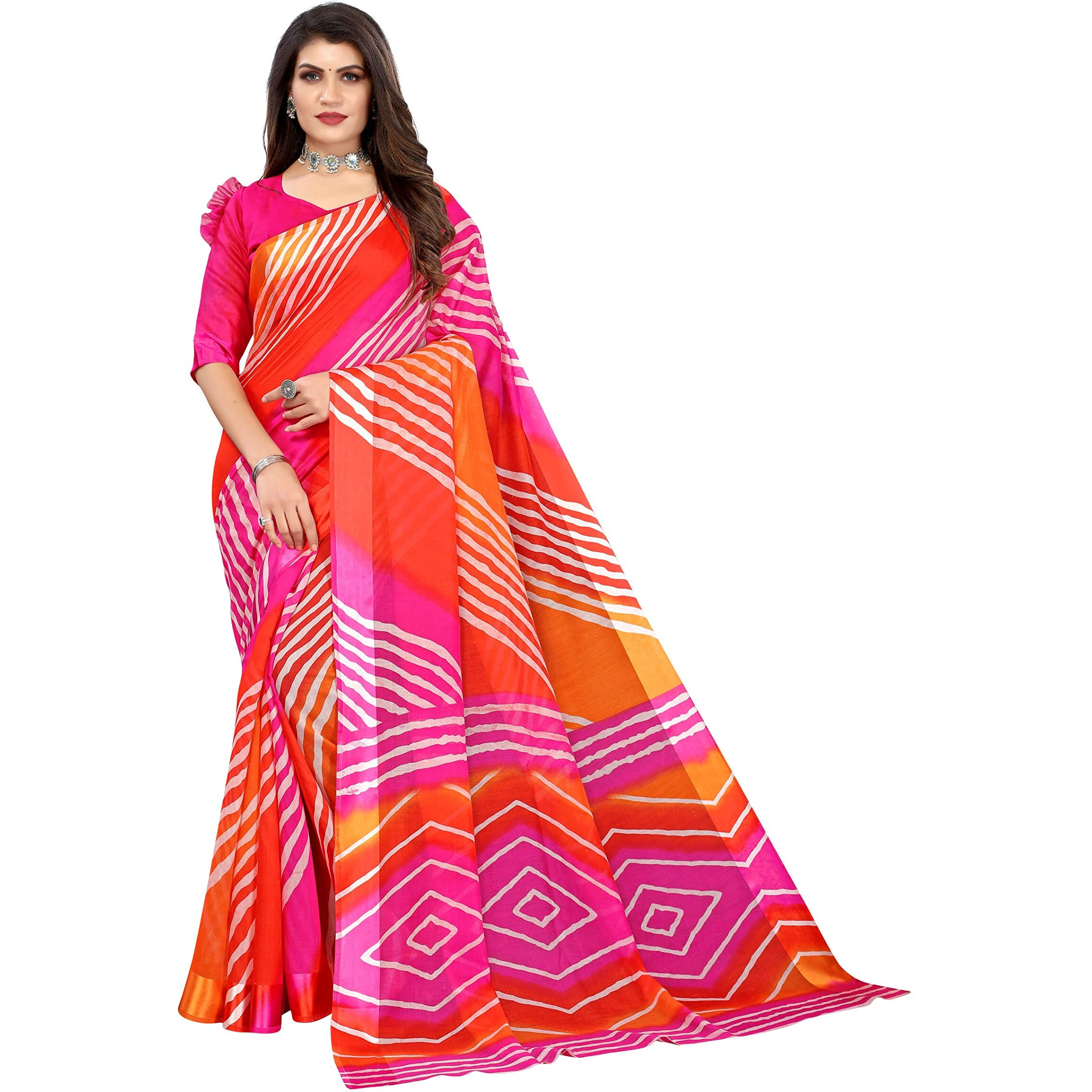 Yashika Women's Printed Linen Saree With Blouse Piece(RASHMIKA PINK_Free Size)