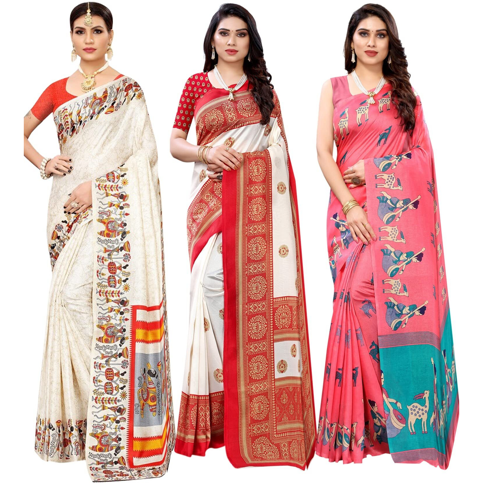 Yashika Women's Combo Art Silk Saree With Blouse Piece - Pack Of 3(VIVO ORANGE-AAMRAPALI RED-MAITHALI PINK)