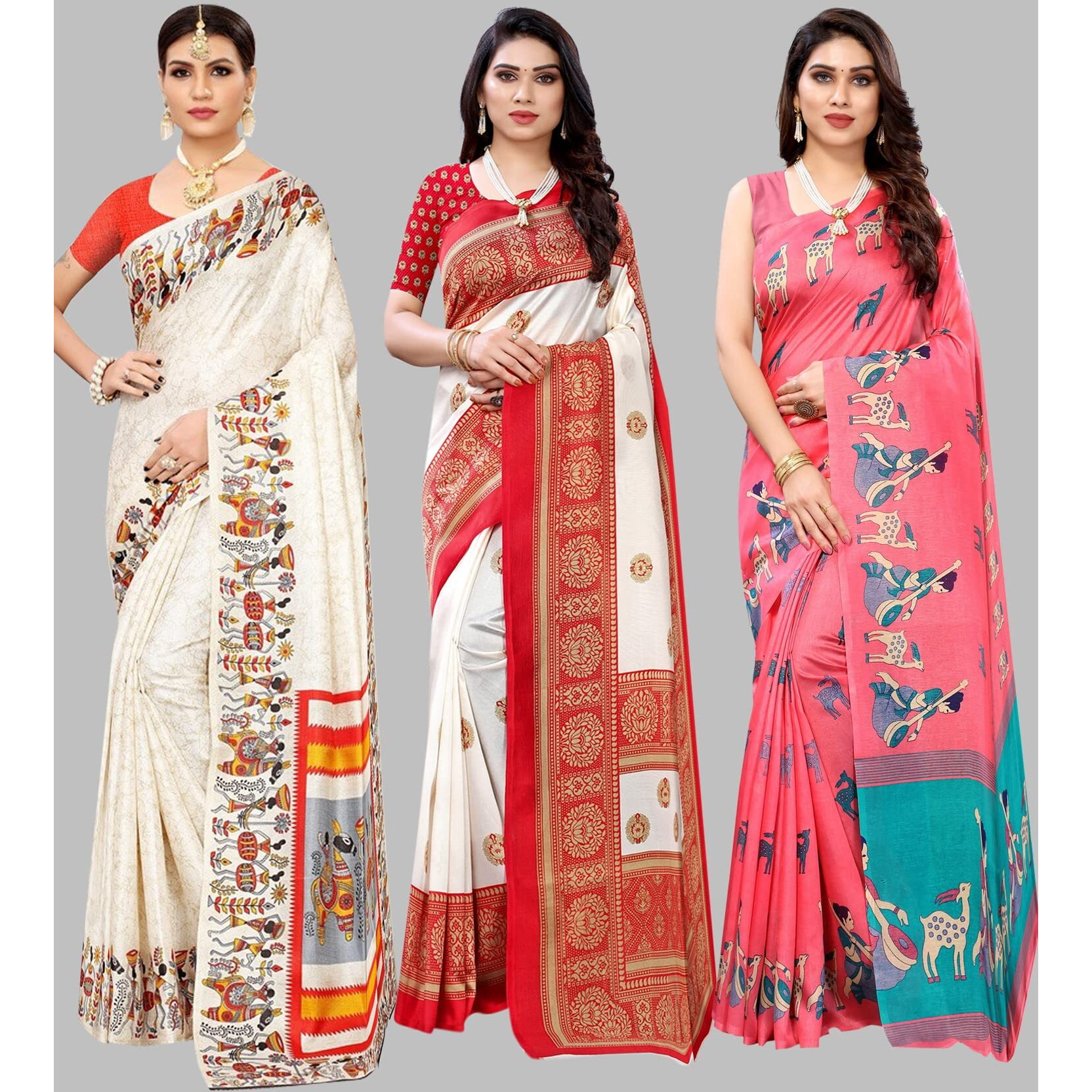 Yashika Women's Combo Art Silk Saree With Blouse Piece - Pack Of 3(VIVO ORANGE-AAMRAPALI RED-MAITHALI PINK)