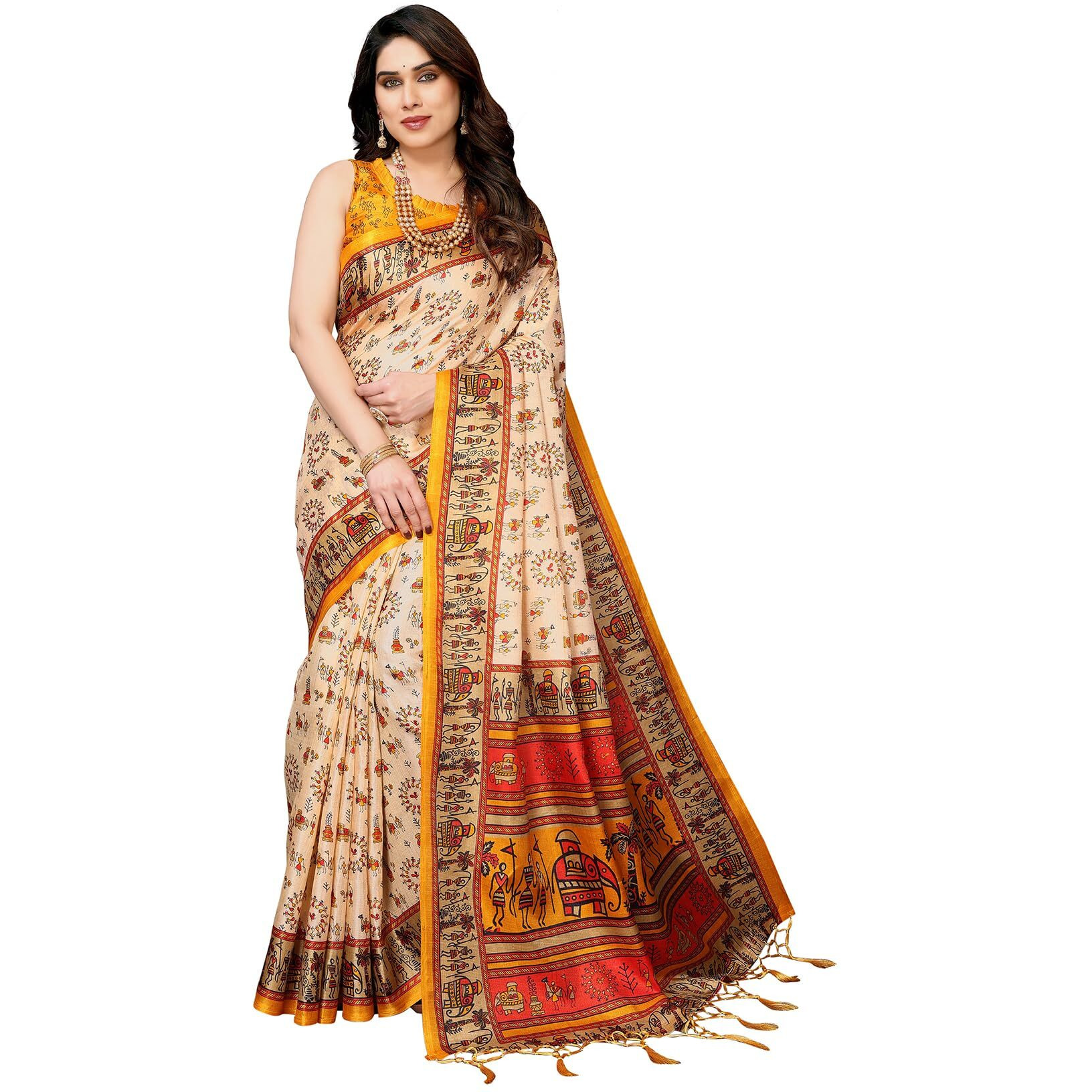 Yashika Women's Printed Kalamkari Art Silk Saree With Tassels and Unstitched Blouse Material (AZ-YS-P1-SOORVI CHIKU YELLOW JHALAR)