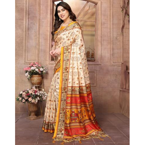 Yashika Women's Printed Kalamkari Art Silk Saree With Tassels and Unstitched Blouse Material (AZ-YS-P1-SOORVI CHIKU YELLOW JHALAR)