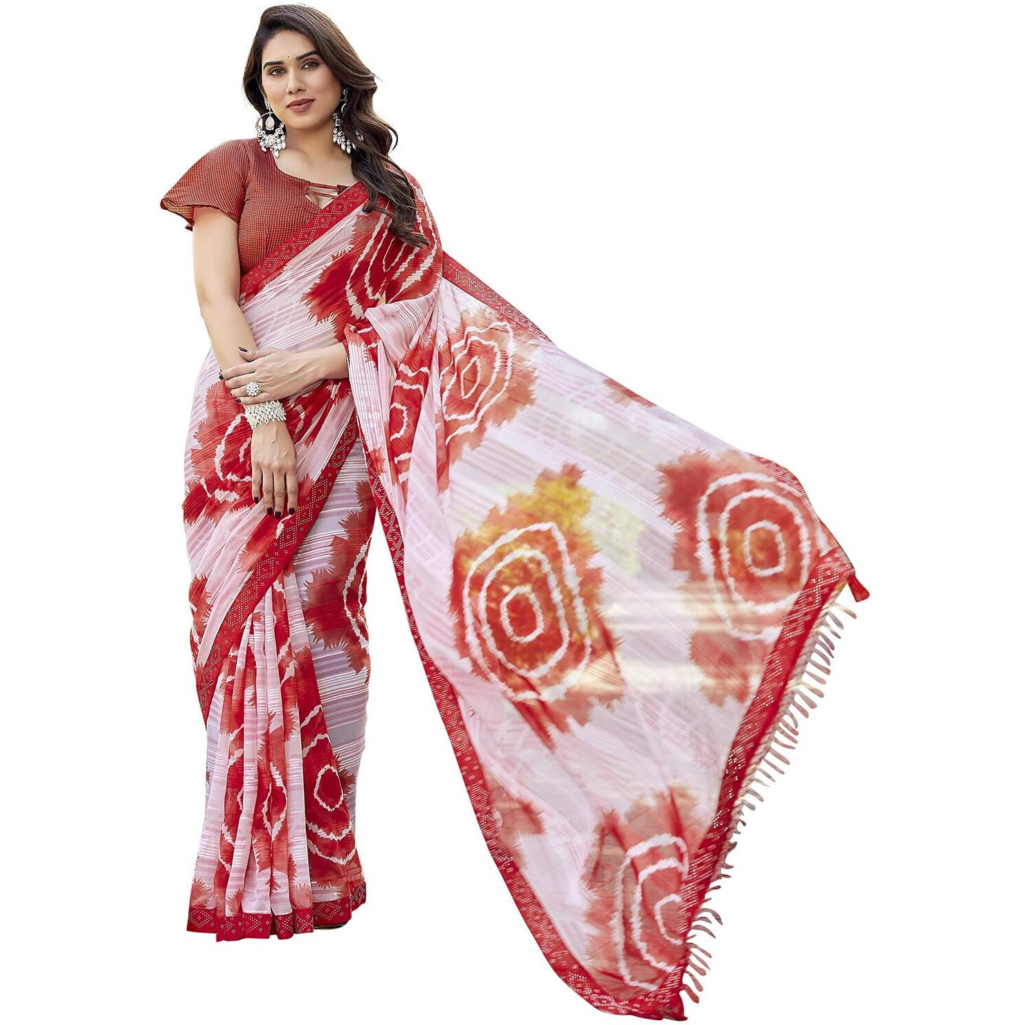 Yashika Women's Saree Weightless Georgette Saree Satin Printed Saree Hot Fix Swarovski Lace Saree Saree with Tassels Unstitched Blouse Material Saree (AZ-YS-NEW-P1-SUFIYA RED)
