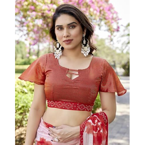 Yashika Women's Saree Weightless Georgette Saree Satin Printed Saree Hot Fix Swarovski Lace Saree Saree with Tassels Unstitched Blouse Material Saree (AZ-YS-NEW-P1-SUFIYA RED)