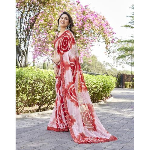 Yashika Women's Saree Weightless Georgette Saree Satin Printed Saree Hot Fix Swarovski Lace Saree Saree with Tassels Unstitched Blouse Material Saree (AZ-YS-NEW-P1-SUFIYA RED)