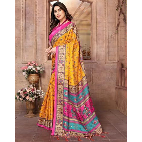 Yashika Women's Printed Kalamkari Art Silk Saree With Tassels and Unstitched Blouse Material (AZ-YS-P1-SOORVI MUSTARD JHALAR)
