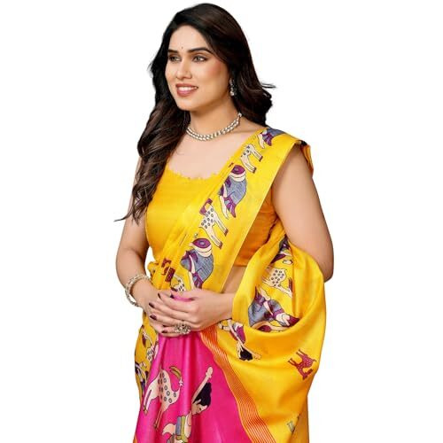 Yashika Women's Printed Kalamkari Art Silk Saree With Tassels and Unstitched Blouse Material (AZ-YS-P3-CHAITHALI YELLOW JHALAR)
