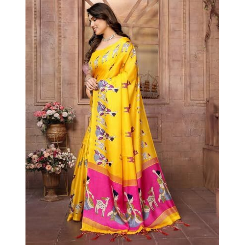Yashika Women's Printed Kalamkari Art Silk Saree With Tassels and Unstitched Blouse Material (AZ-YS-P3-CHAITHALI YELLOW JHALAR)