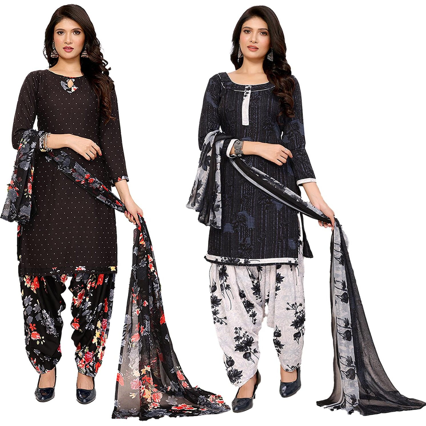 Yashika Women's Crepe Dress Material Set for Women | Unstitched Printed Fabric for Kurta Bottom & Dupatta (YS-BLACK FLOWER-NITU BLACK)