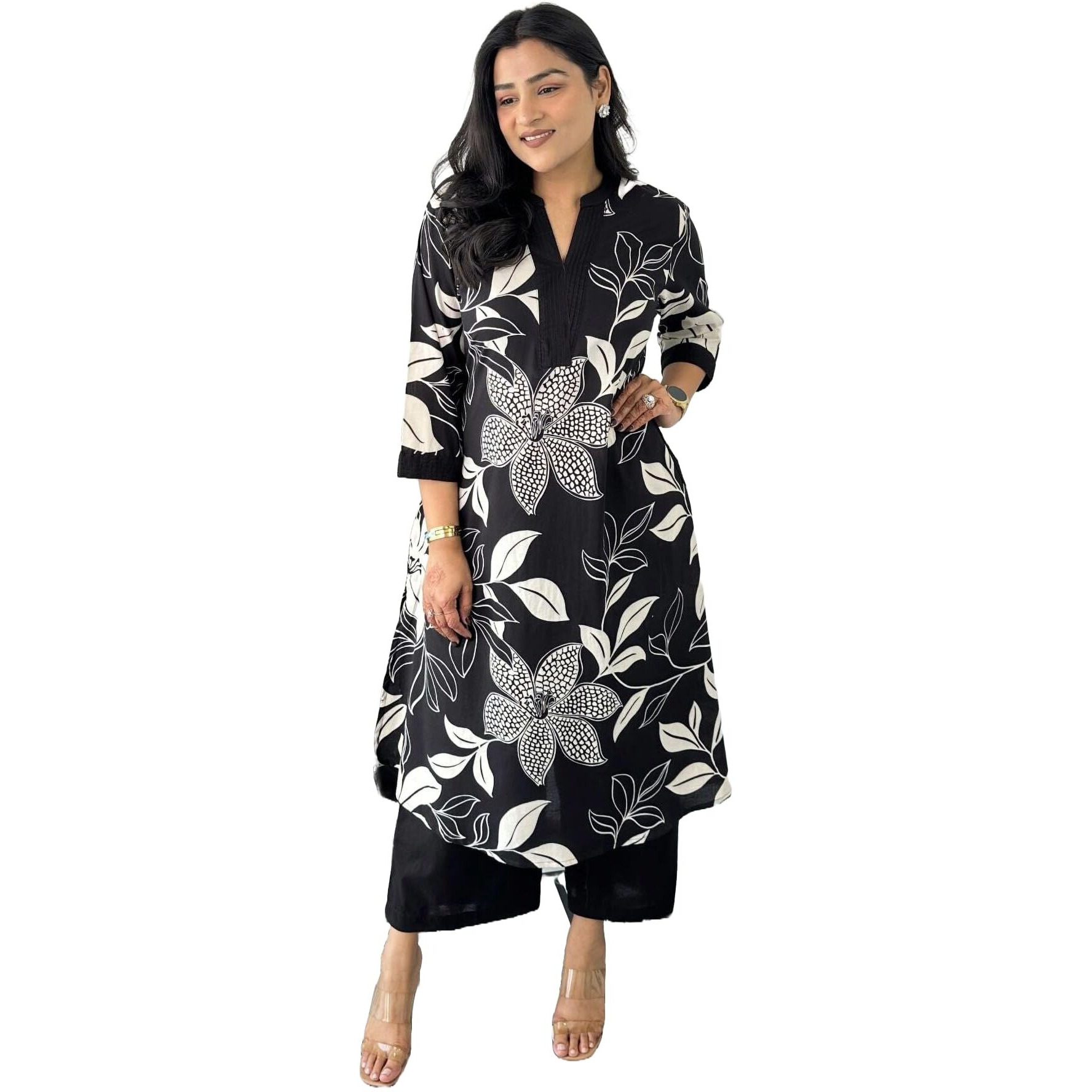 Yashika Regular Floral Printed Cotton Blend 3/4th Sleeve Knee Length V-Neck Kurta and Palazzo Set for Women (AZ-YS-OG-KS2204-Parent_Black