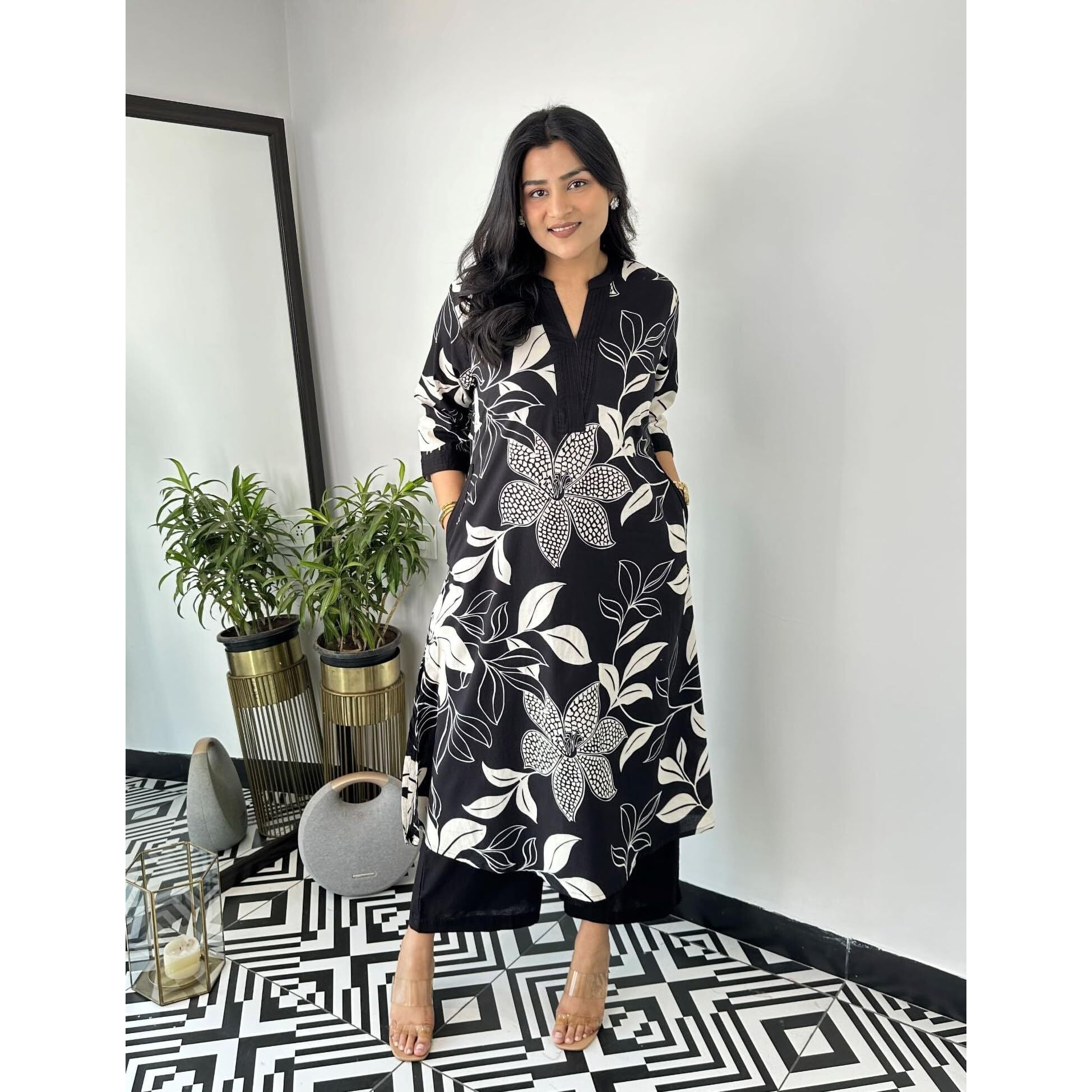 Yashika Regular Floral Printed Cotton Blend 3/4th Sleeve Knee Length V-Neck Kurta and Palazzo Set for Women (AZ-YS-OG-KS2204-Parent_Black