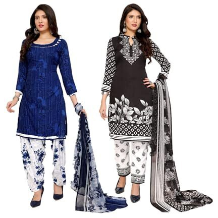 Yashika Women's Crepe Dress Material Set for Women | Unstitched Printed Fabric for Kurta Bottom & Dupatta (YS-NITU BLUE-PRISHA BLACK)