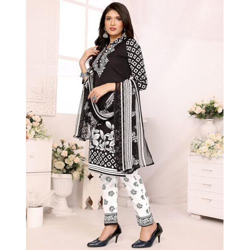 Yashika Women's Crepe Dress Material Set for Women | Unstitched Printed Fabric for Kurta Bottom & Dupatta (YS-NITU BLUE-PRISHA BLACK)